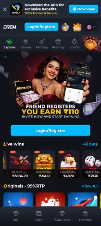 Drem home screen: Explore, Casino, Fantasy, Rummy and Sports tabs, a refer-a-friend banner, Live wins and the Originals 99% RTP row.