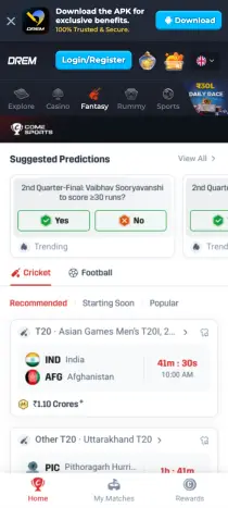 Drem Fantasy tab: suggested cricket predictions, Cricket and Football filters, and an India vs Afghanistan T20 contest with a ₹1.10 Crore prize pool.