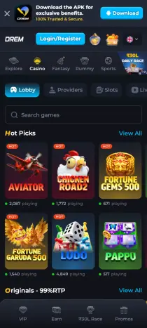 Drem Casino lobby: Aviator, Chicken Road 2, Fortune Gems 500, Fortune Garuda 500, Ludo and Pappu tiles with live player counts.