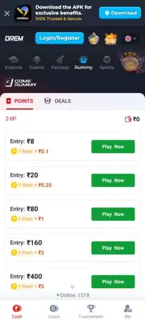 Drem Rummy tab: Points and Deals tables for 2 to 6 players, with entries from ₹8 to ₹400.